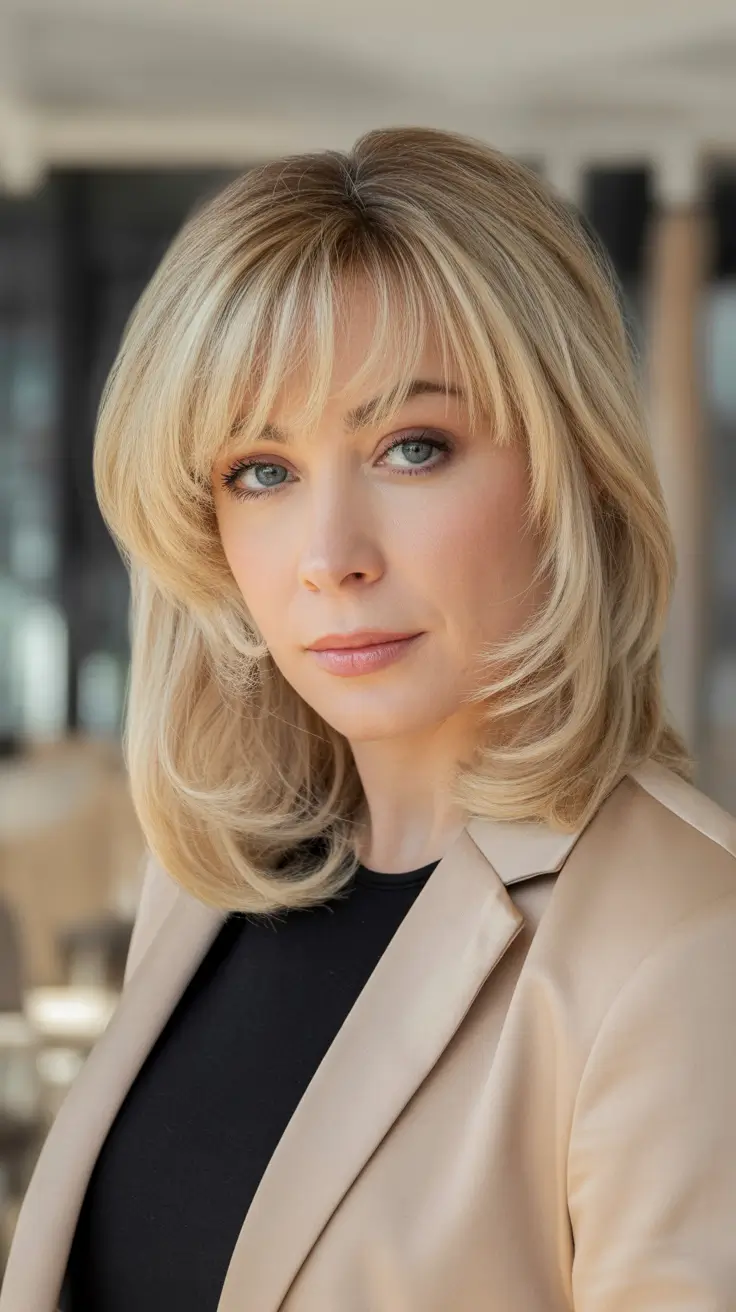 haircut with bangs for women Rounded Layers with Full Fringe