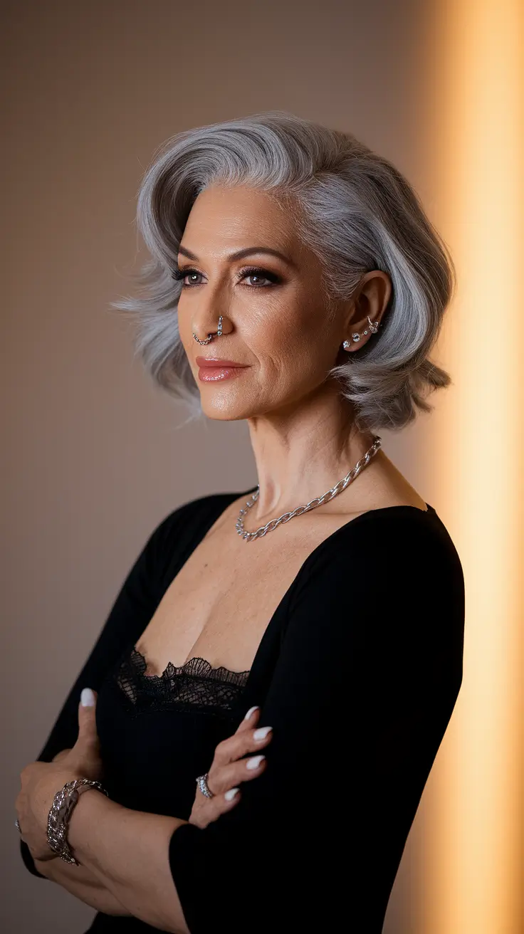 short haircuts for women over 40 2024 Soft Layers and Delicate Waves for Night Glam