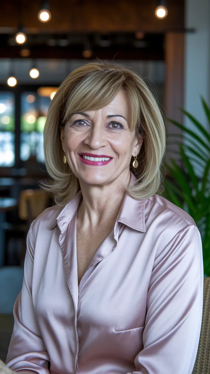 haircuts women over 40 Subtle Waves with a Soft Blonde Balayage