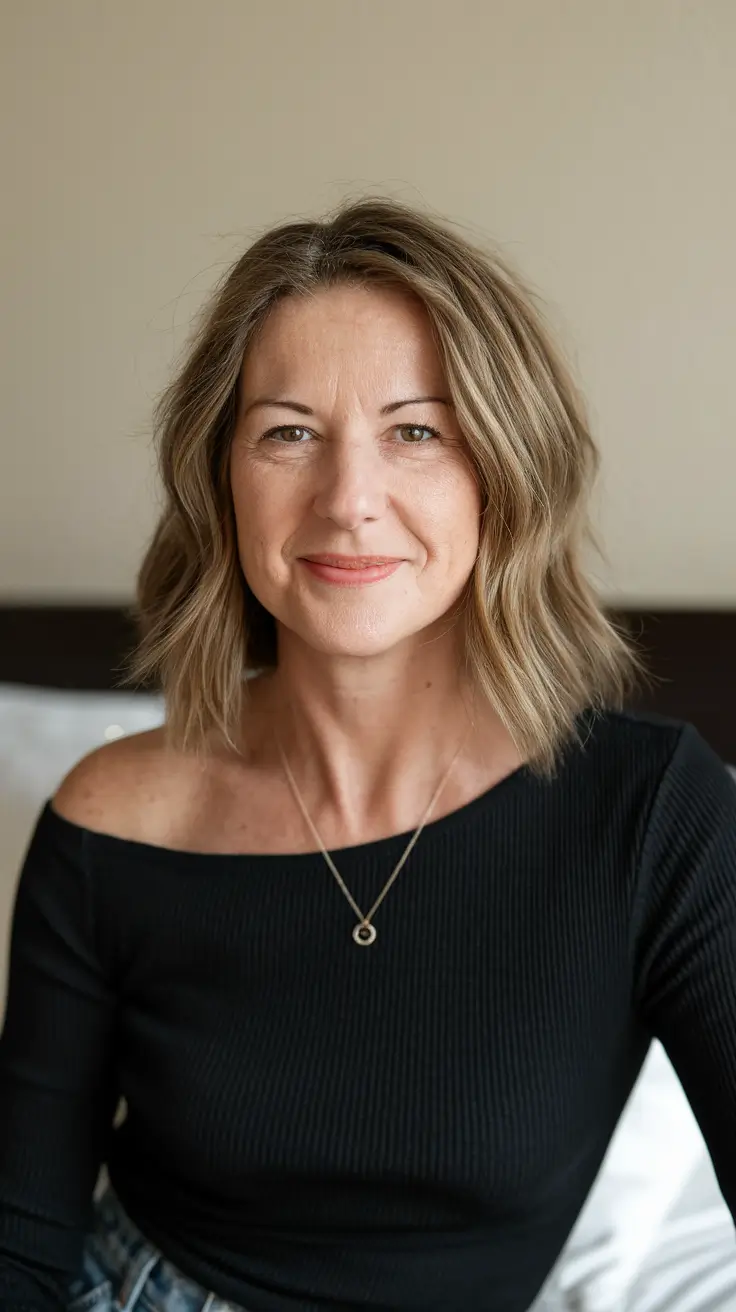 haircuts women over 40 Chic Layered Ice Blonde with Dark Roots