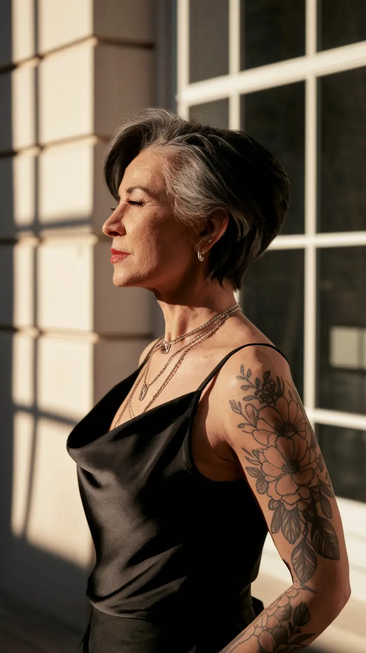 short haircuts for women over 40 Layered Pixie with Silver Grace