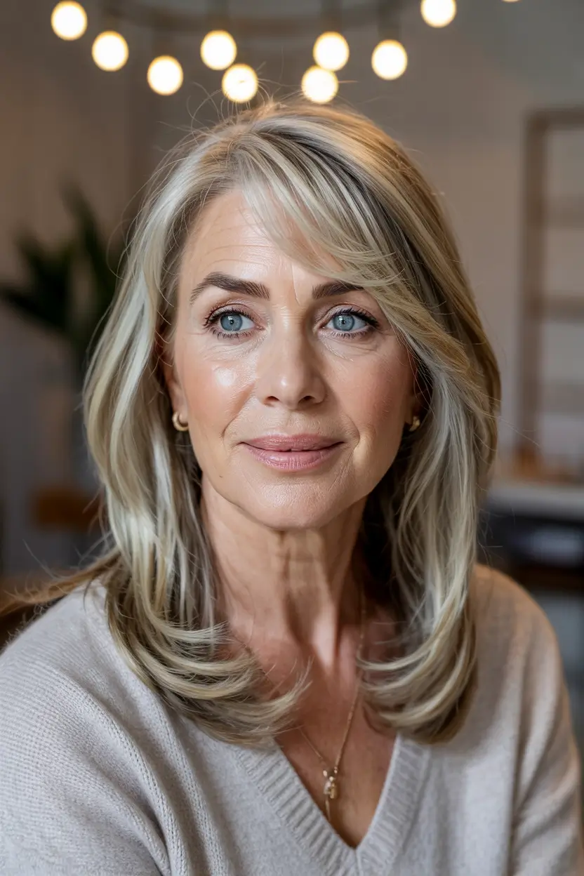fall haircuts for women over 50 blonde layers with curtain bangs and shine