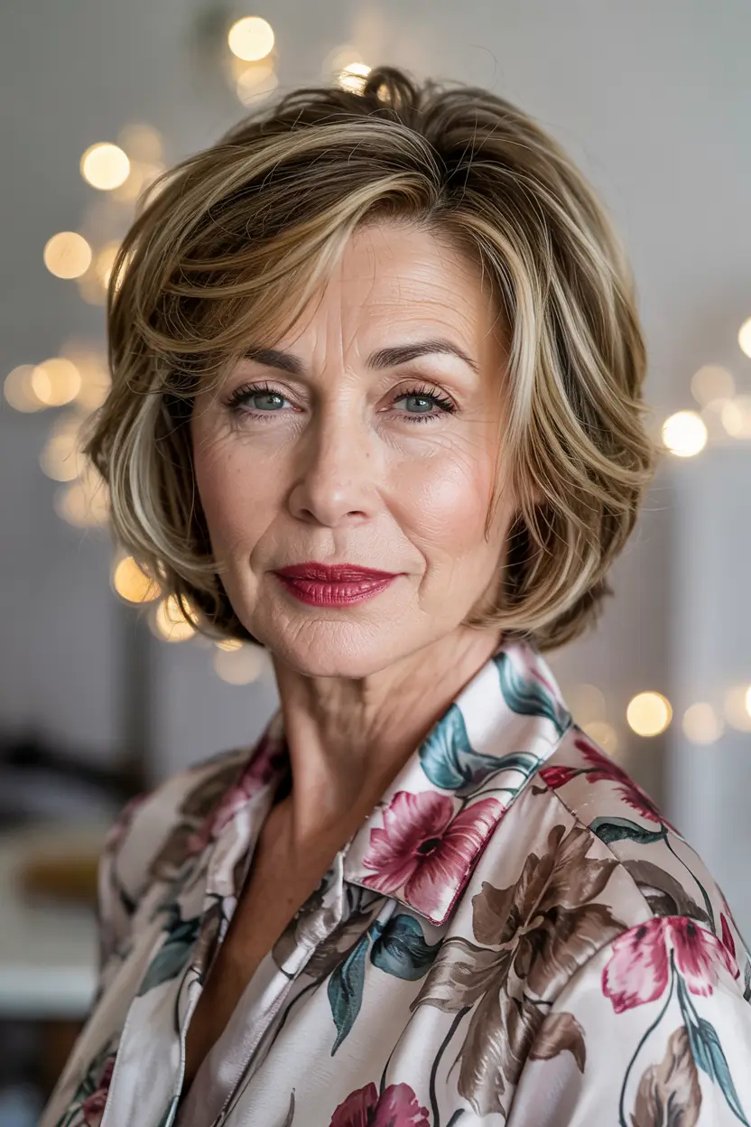 fall haircuts for women over 50 rounded bob with lifted crown and honey highlights