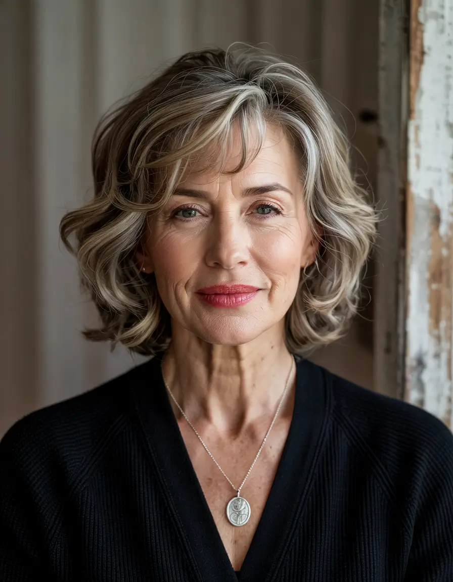 fall haircuts for women Layered Tousled Bob with Silver Blending