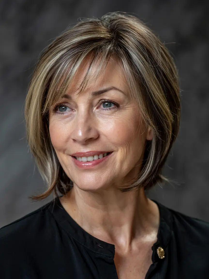 fall haircuts for women over 50 multi-tonal bob with side bangs