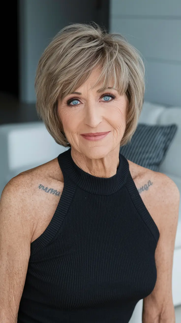 Fall haircuts for women over 60 Textured Layered Bob with Sandy Highlights