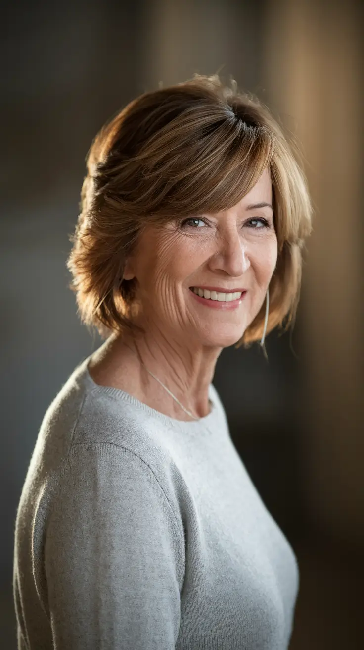 Fall haircuts for women over 60 Windswept Layers with Soft Auburn Tones