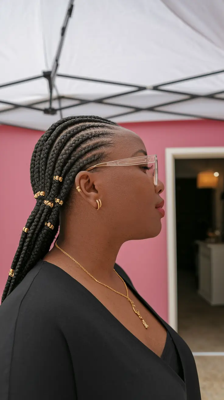 fall hairstyle for black women Gold Beaded Braided Sleekness with Side Part Sophistication