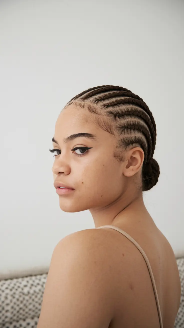 fall hairstyle for black women Sculpted Cornrows into a Chic Back Bun