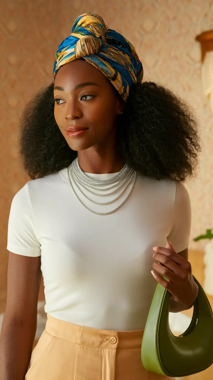 fall hairstyle black women Textured Afro with Colorful Head Wrap