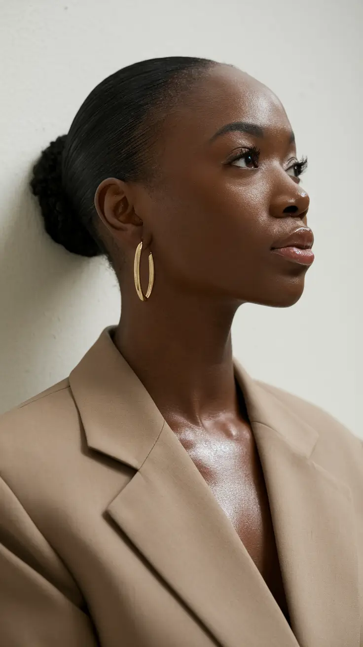 fall hairstyle black women Slicked-Back Bun with Mid-Shine Finish