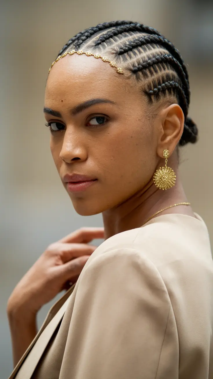 fall hairstyle black women Elegant Microcornrows with Regal Twist and Gold Trim