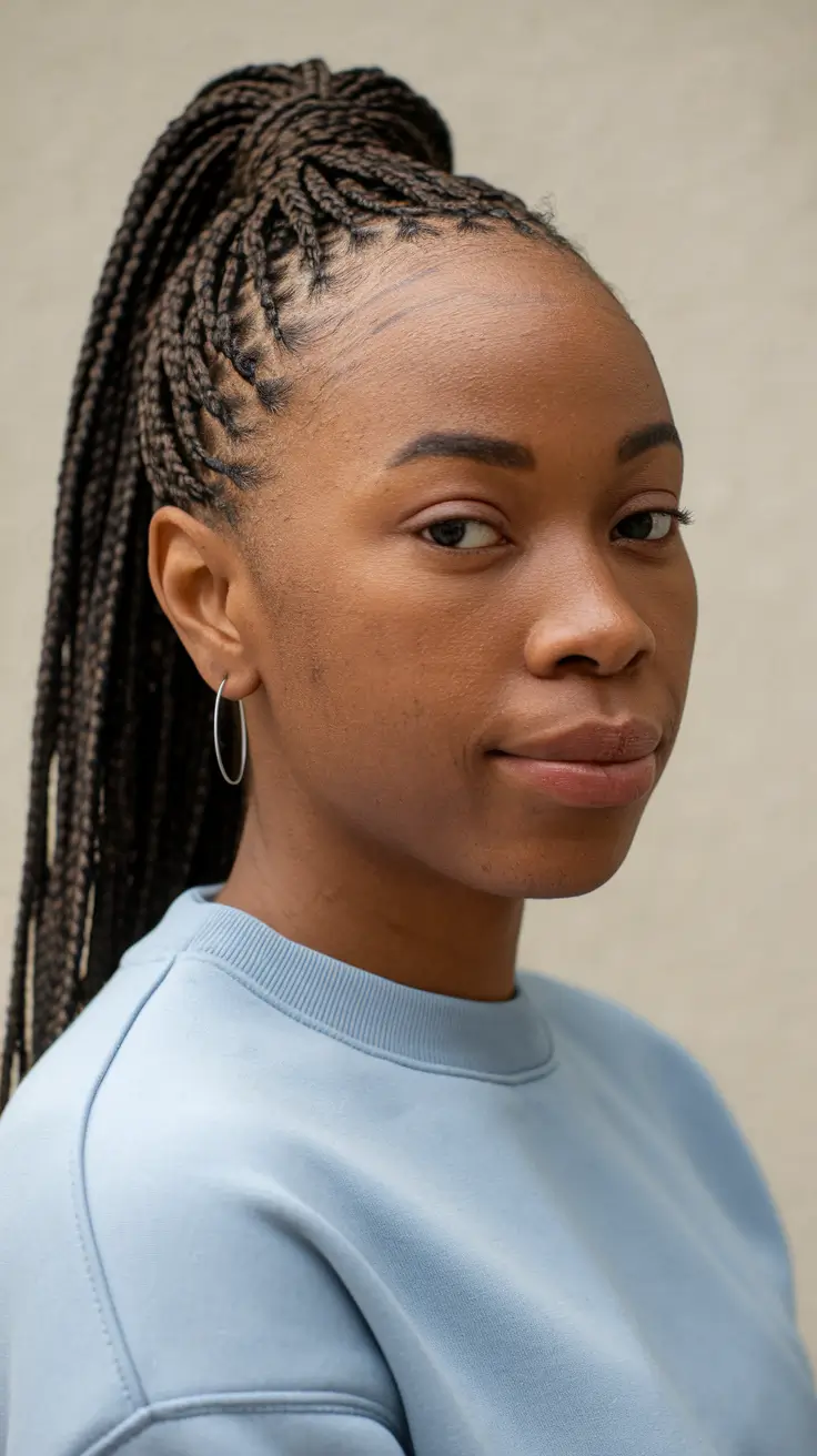 fall hairstyle ideas for black women High Braided Ponytail with Layered Feed-In Technique