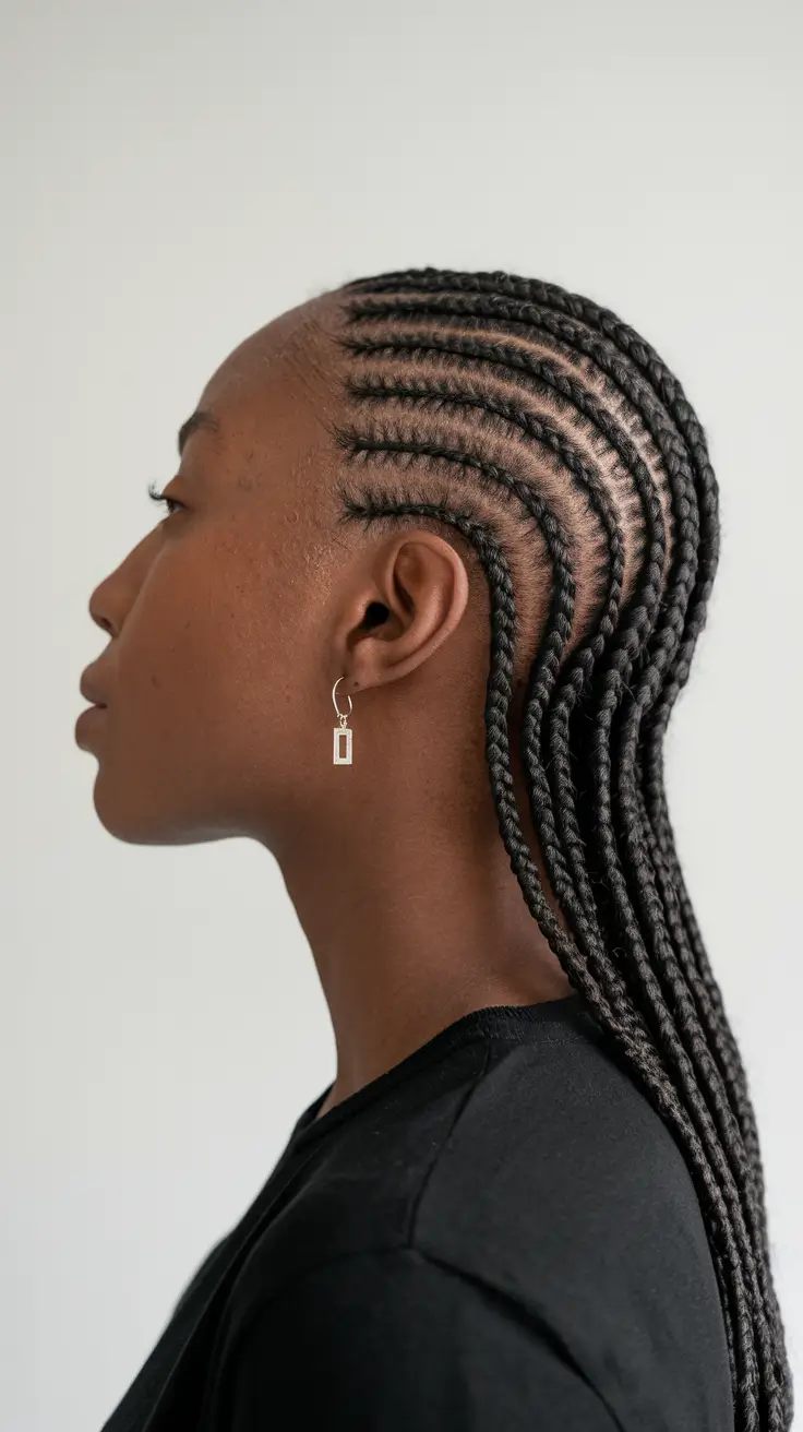 water fall hairstyle black women Precision Side-Swept Cornrows with Minimalist Curve