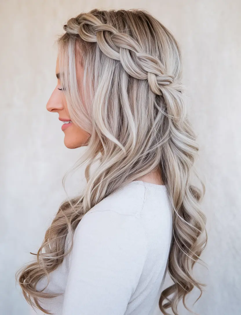 fall hairstyle for long hair Side Crown Braid with Loose Ribbon Curls