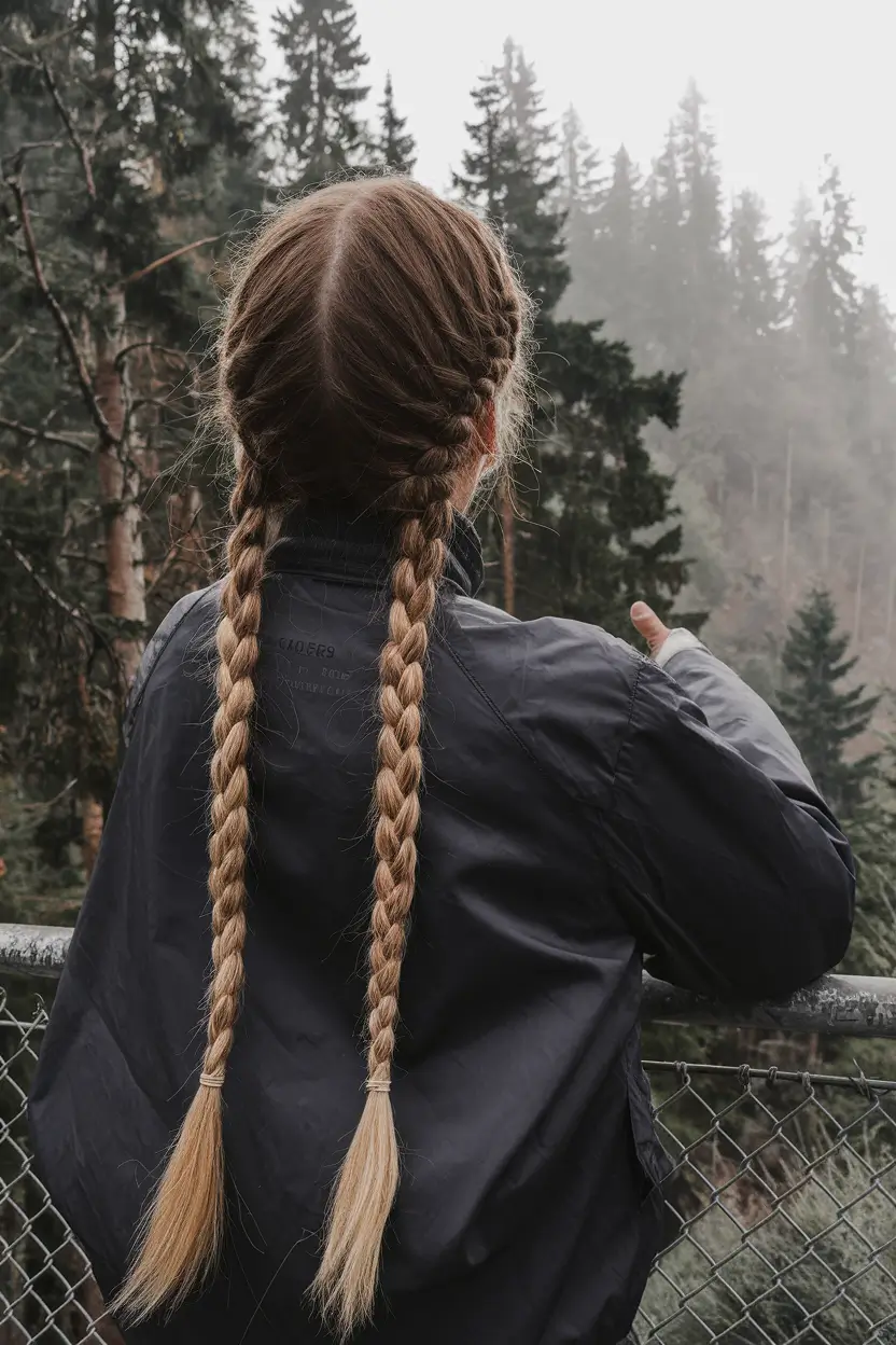 fall hairstyle for long hair Double French Braids for Brisk Outdoor Days