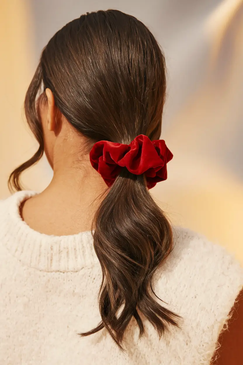 fall hairstyle for long hair Velvet Scrunchie Pony with Soft Waves