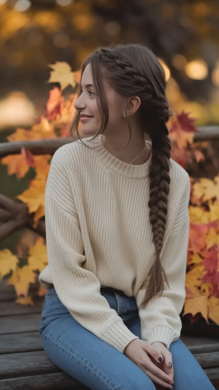 fall hairstyle for long hair Classic Side Braid with Cozy Fall Charm