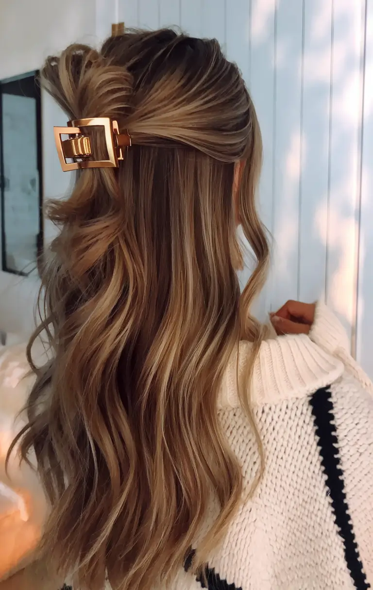 fall long hairstyle Clipped Waves with Warm Blonde Highlights