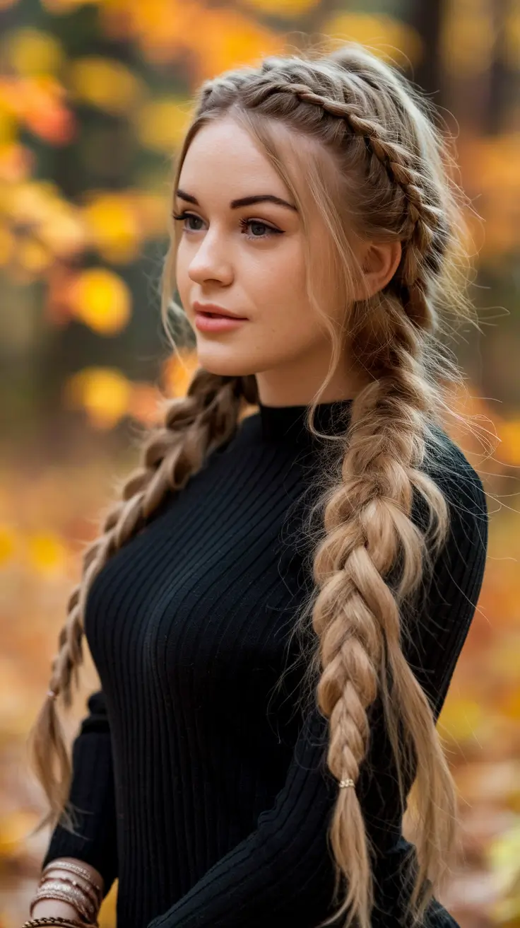 fall hairstyle long hair Double Braids with Structured Volume