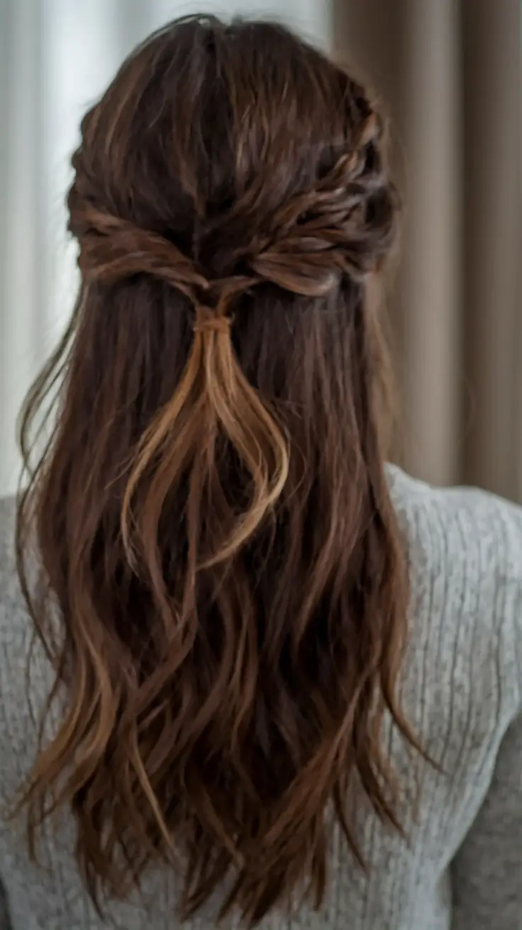 fall hairstyle for long hair Twisted Crown Half-Up with Natural Fall Flow