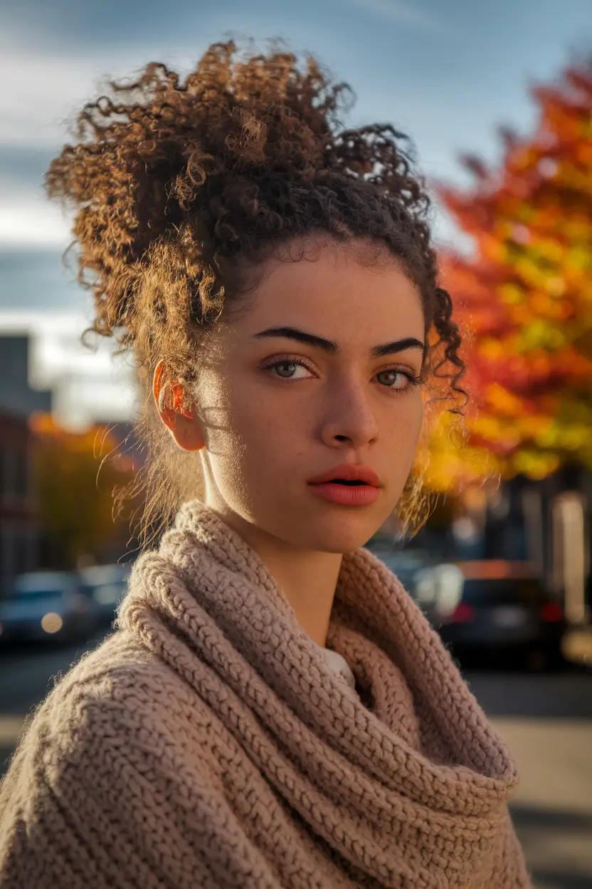 fall hairstyle for long hair High Curly Bun with Natural Volume