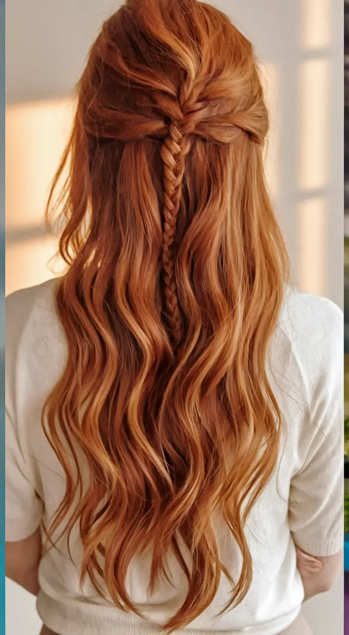 fall hairstyle for long hair Half-Braided Waves with Cinnamon Spice Vibes