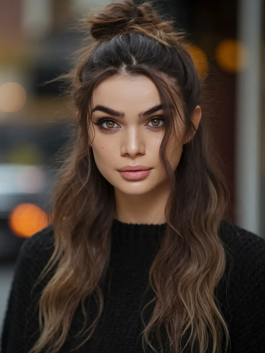 fall hairstyle long hair Top Knot Energy with Loose Texture