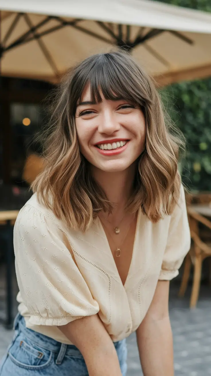 fall hairstyle for medium hair Blunt Cut with Curtain Bangs and Natural Texture