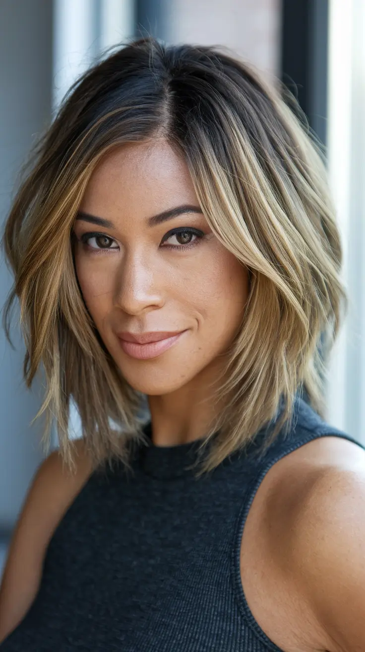 fall hairstyle for medium hair Blunt Cut with Curtain Bangs and Natural Texture