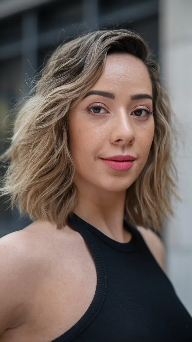 fall hairstyle for medium hair Blunt Cut with Curtain Bangs and Natural Texture