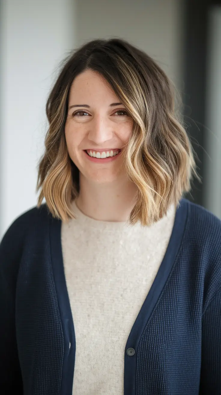 fall hairstyle for medium hair Blunt Cut with Curtain Bangs and Natural Texture