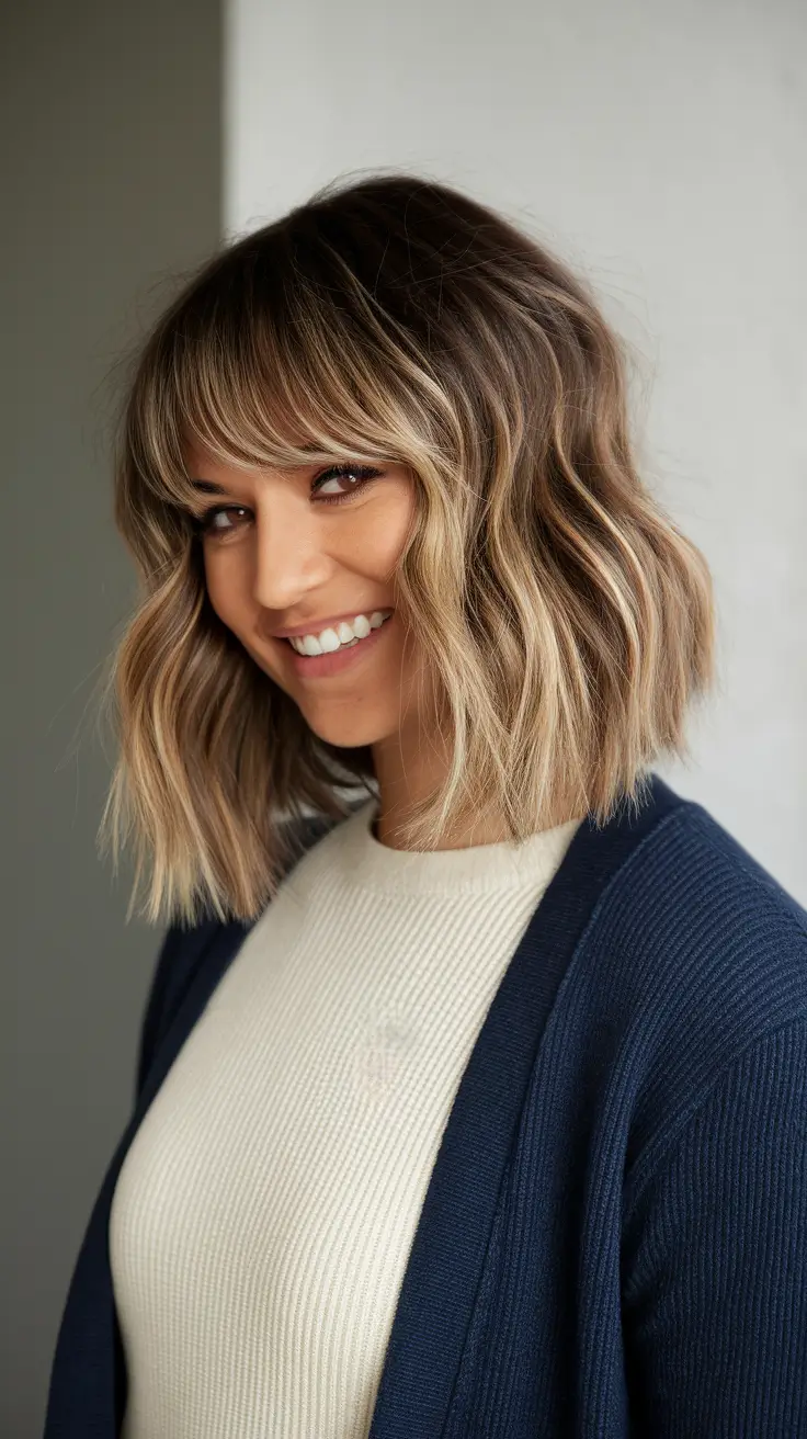 fall hairstyle for medium hair Blunt Cut with Curtain Bangs and Natural Texture