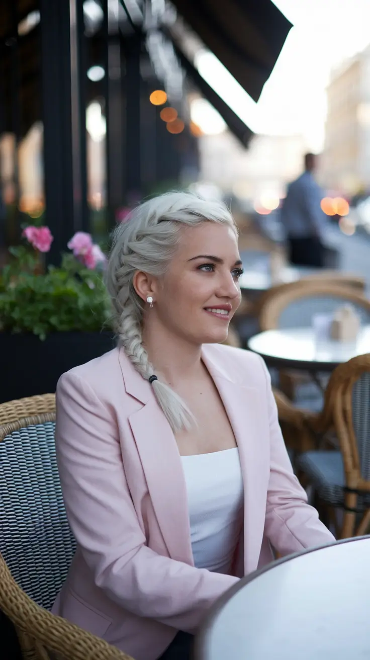 medium hairstyle women fall Side Swept Dutch Braid with Icy Platinum Shine