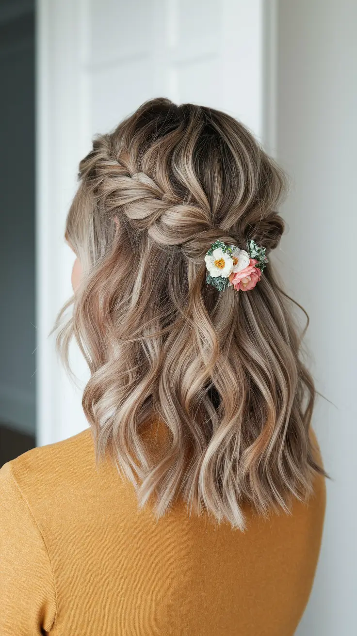medium hairstyle women fall Braided Half-Updo with Romantic Floral Detail