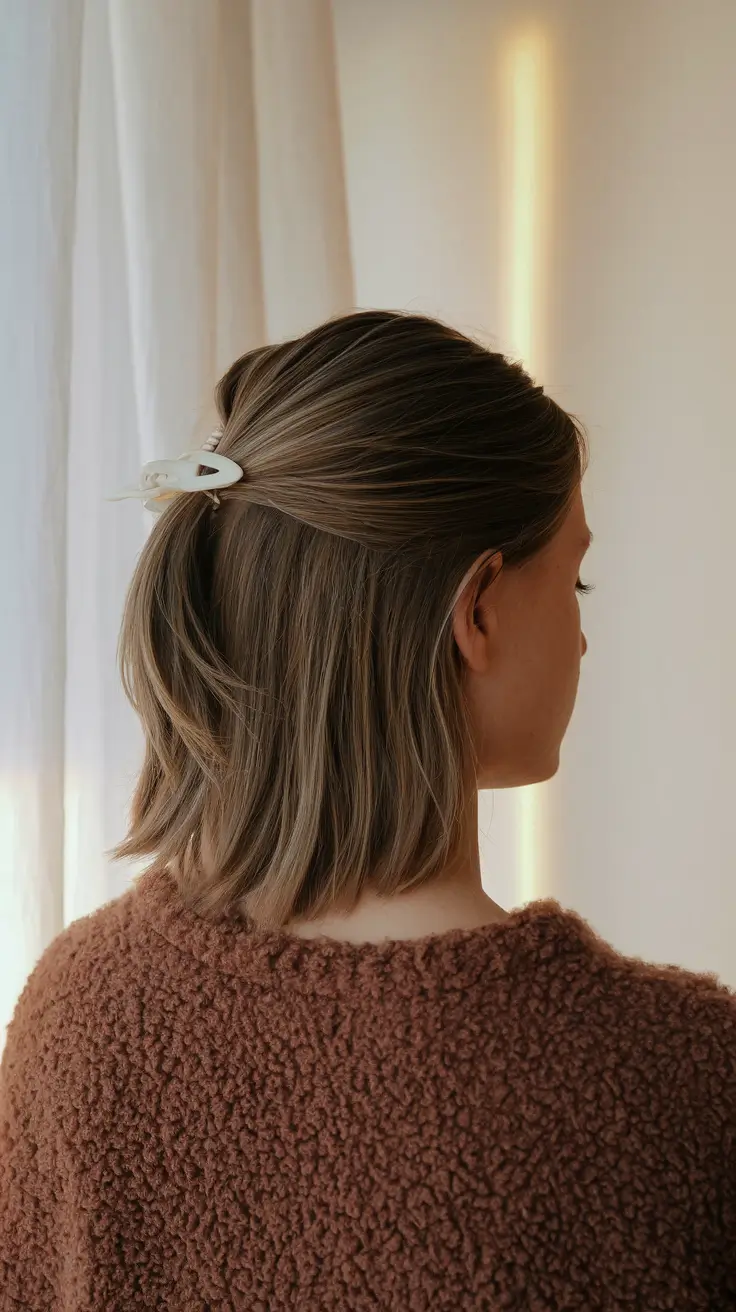 fall hairstyle short hair Minimalist Claw Clip with Warm Blonde Layers