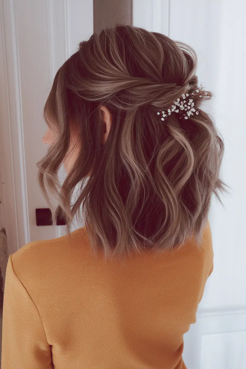 fall hairstyle short hair Textured Twist with Baby’s Breath Accent