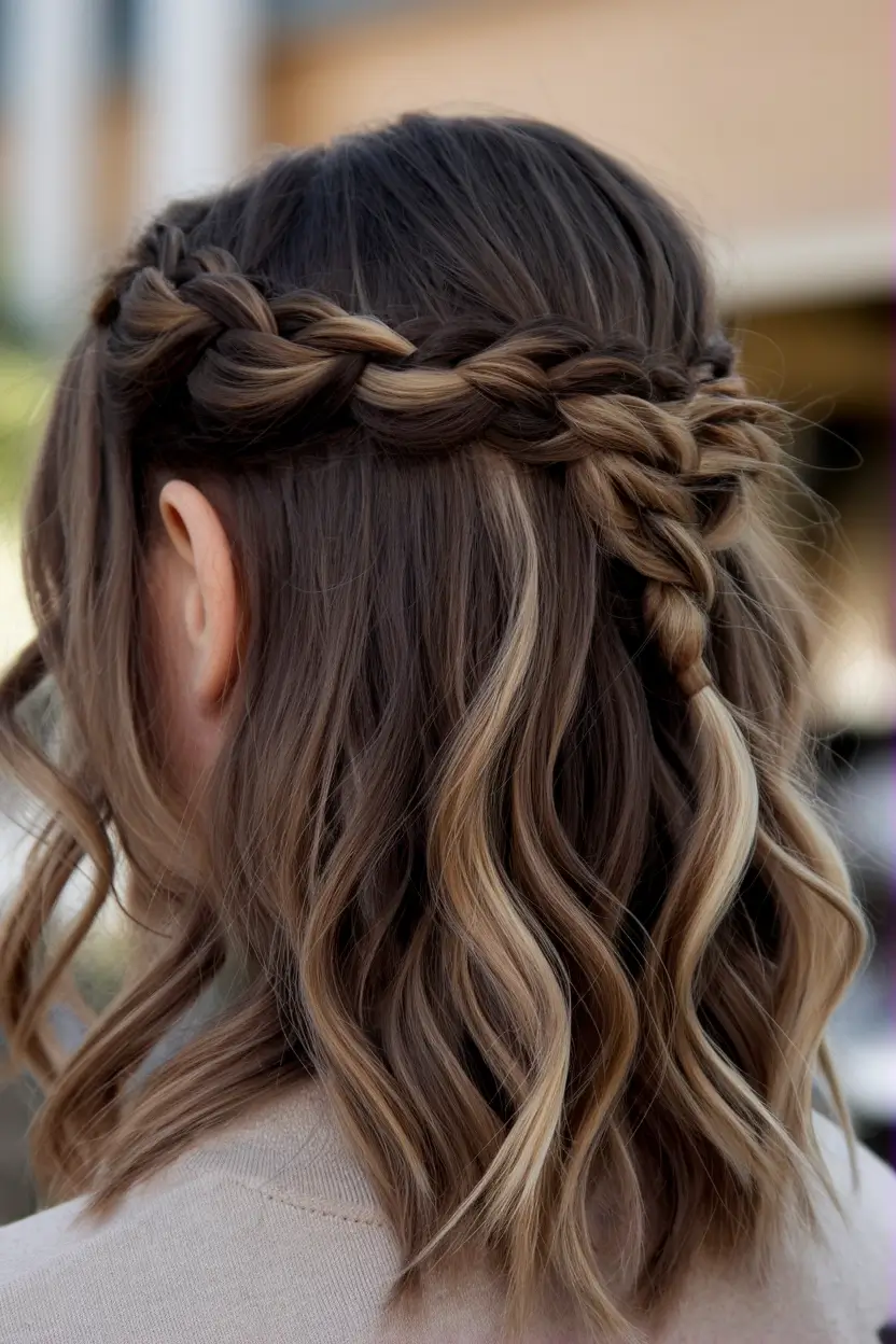 short hairstyle women fall colors Woven Half Crown with Buttery Highlights