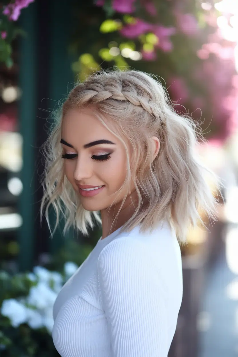 cute fall hairstyle short hair Blonde Bob with Loose Waves and Braided Halo