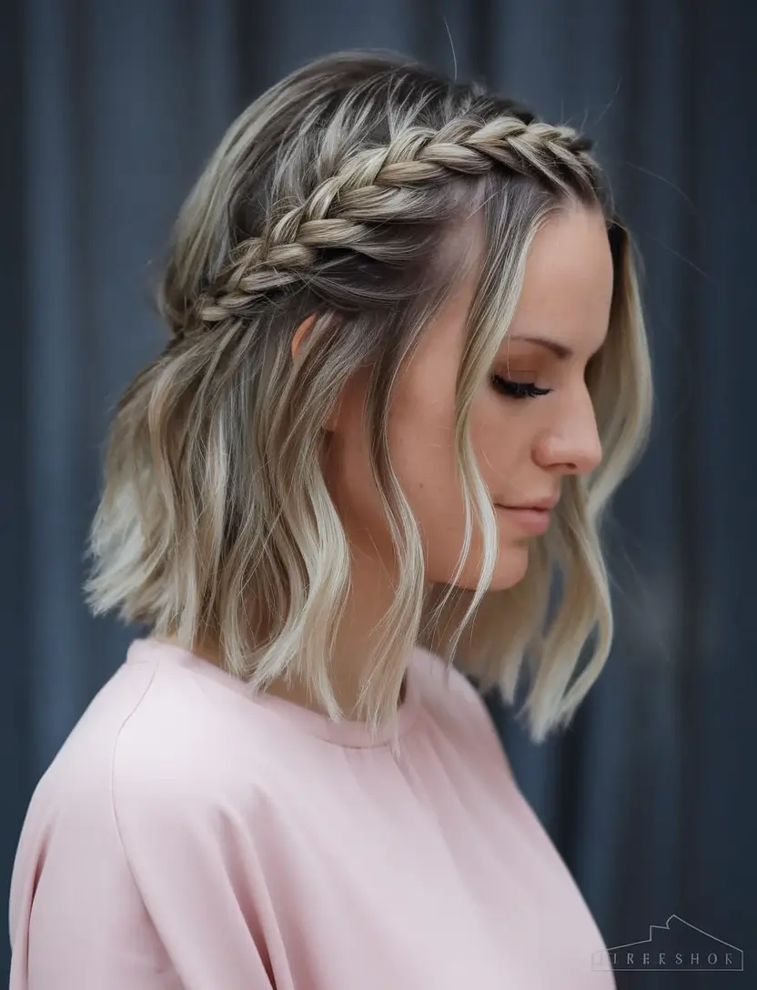 fall hairstyle short hair Side Braid Accent with Soft Waves