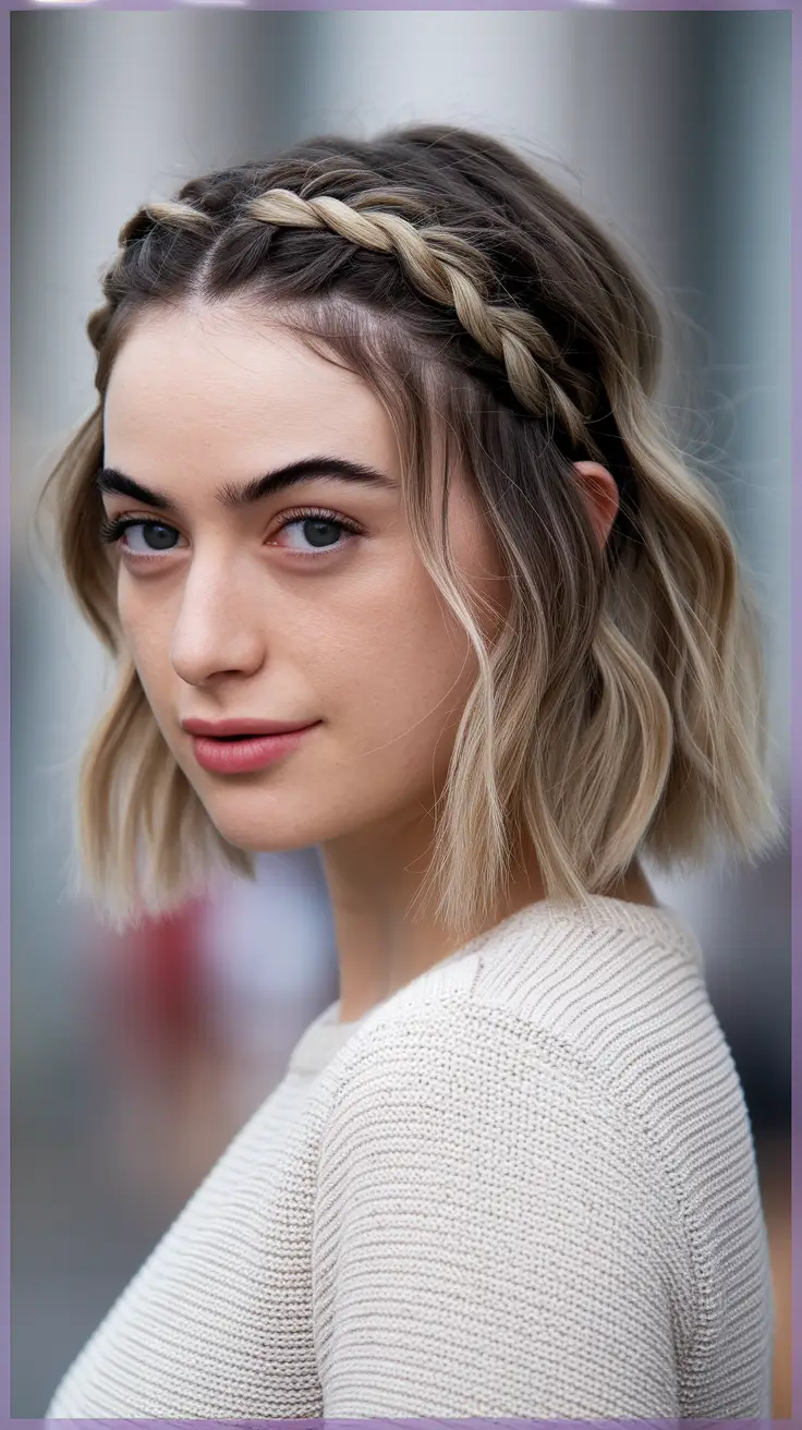 fall hairstyle short hair Side Crown Braid with Subtle Wave