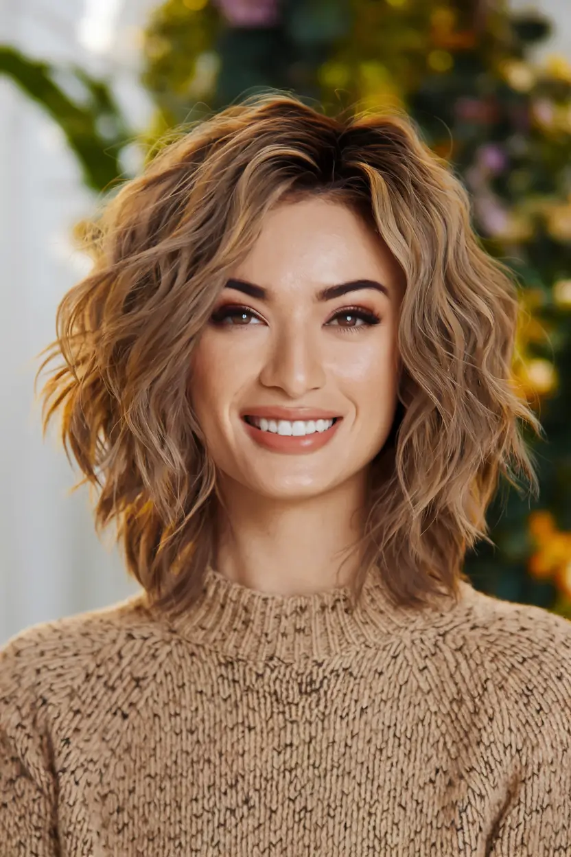 fall hairstyle short hair Effortless Wavy Bob with Face Framing Layers