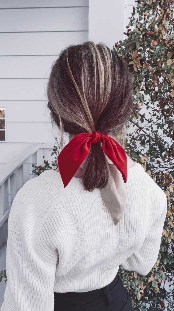 fall hairstyle short hair Low Pony with a Statement Fall Ribbon