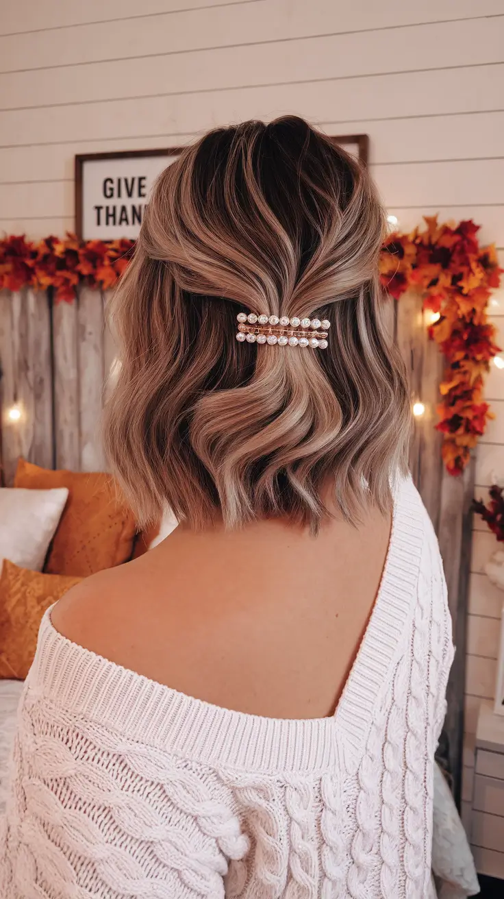 fall hairstyle short hair Pearl Clipped Half-Up for Cozy Days