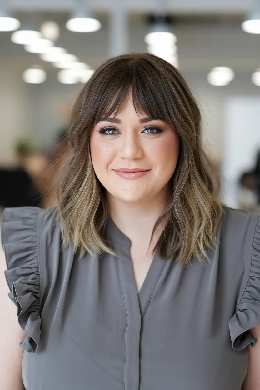 fall hairstyles for round faces short hair Textured Mid-Length Waves with Soft Curtain Bangs