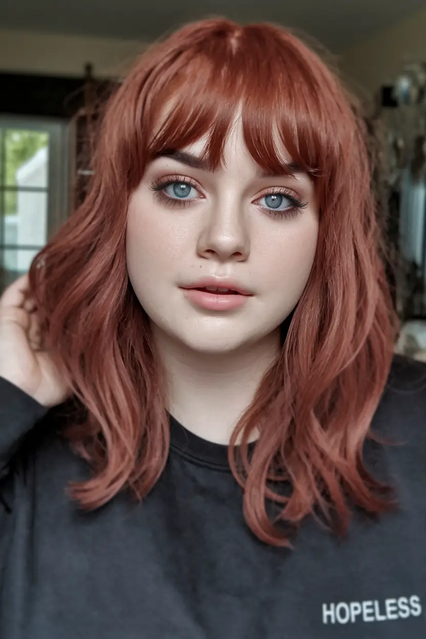 fall hairstyles for round faces bangs Feathered Copper Layers with Blunt Fringe