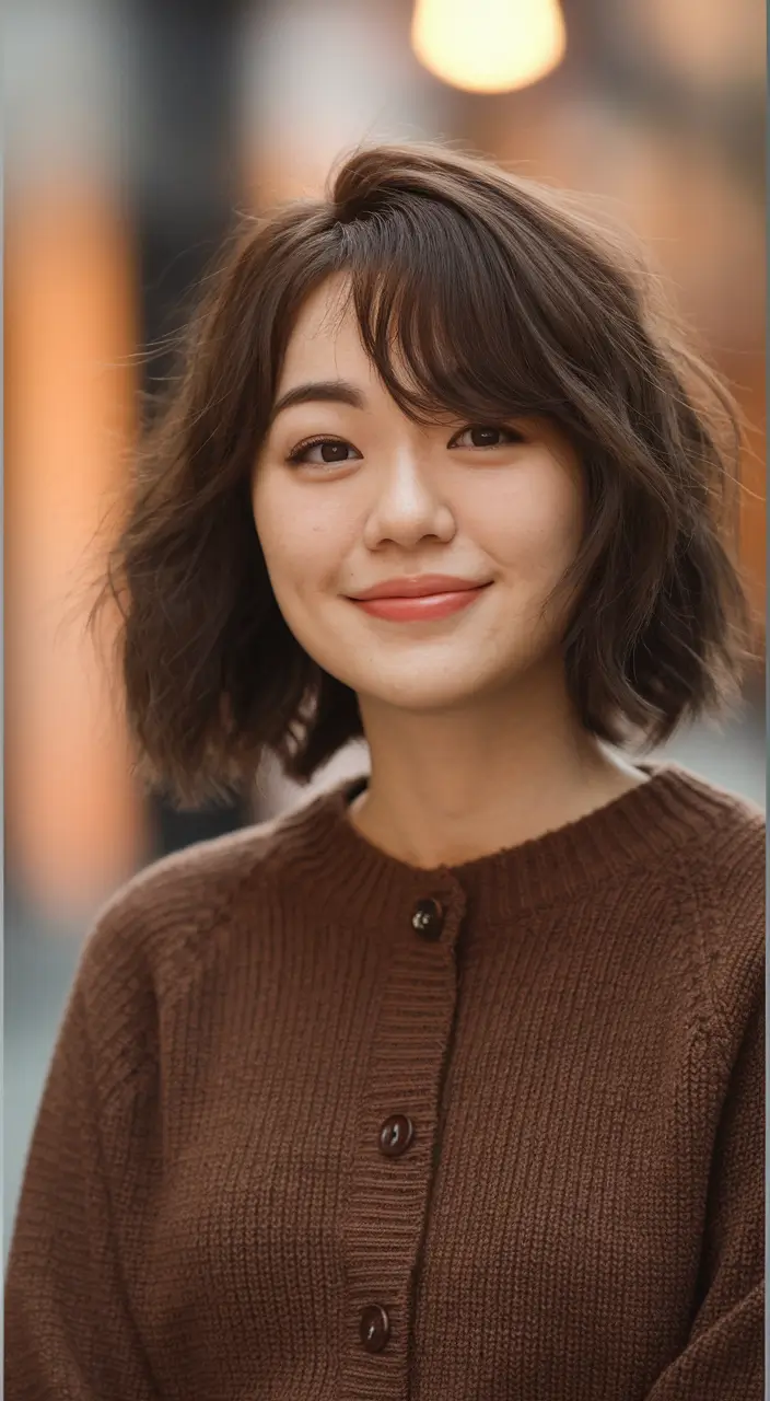 fall hairstyles for round faces short hair Layered Tousled Bob with Soft Fringe
