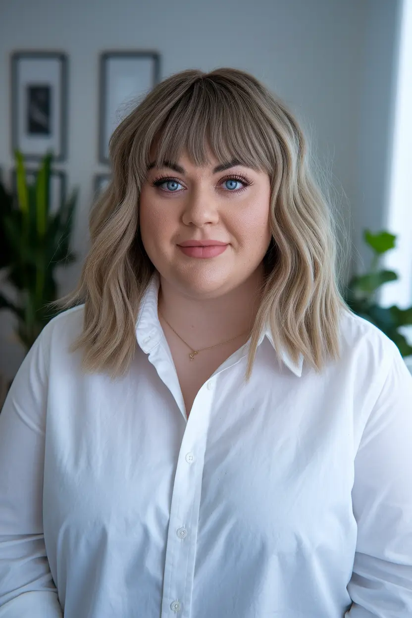 fall hairstyles for round faces plus size Ashy Blonde Waves with Piecey Bangs