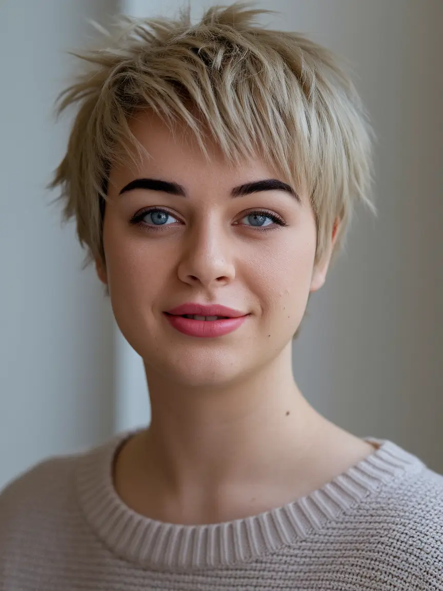 fall hairstyles for round faces updo Choppy Platinum Pixie with Lifted Crown