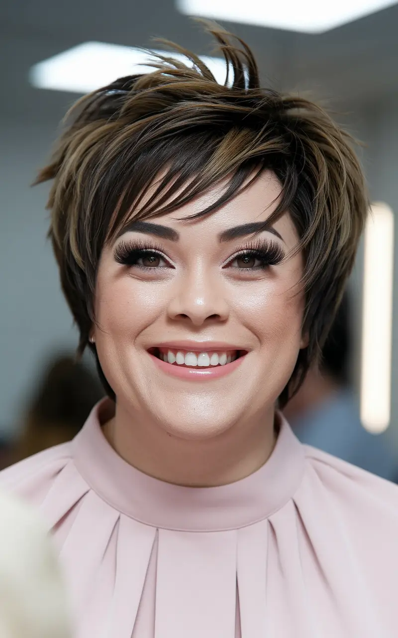 fall hairstyles for round faces short hair Layered Pixie with Bold Highlights